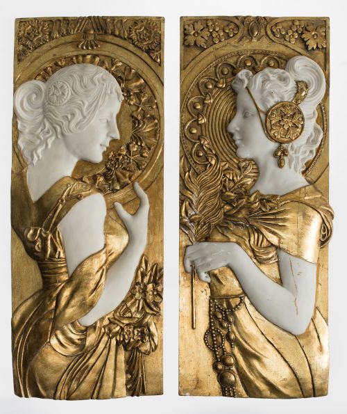 "Greek figures", pair of Art Nouveau reliefs, France, 20th