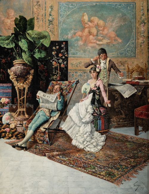 HORACIO LENGO, "Interior con personajes", Óleo sobre tabla