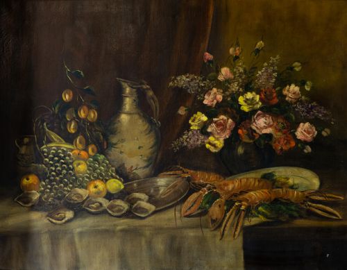 VÍCTOR  SIMONIN, "Bodegón con jarrón de flores", Óleo sobre