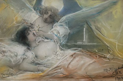 JOAQUÍN  MARTÍNEZ DE LA VEGA, "La muerte", 1902, Pastel y b