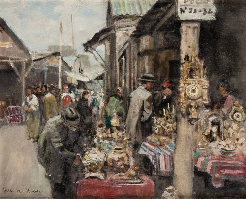 JULES RENE HERVÉ, "Mercado de antiguedades", Óleo sobre lie