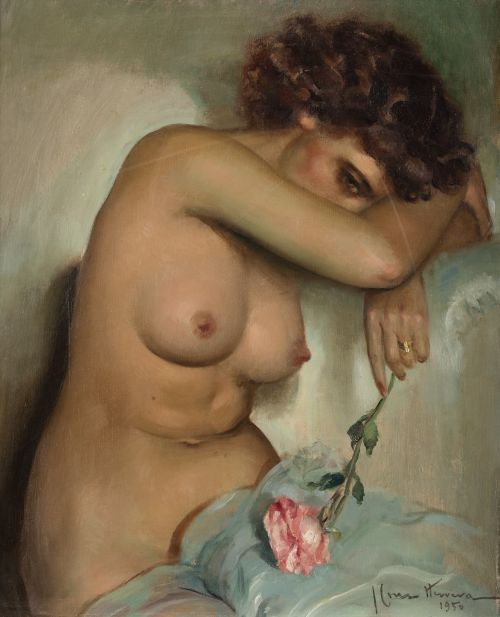 JOSÉ CRUZ HERRERA, "Mujer desnuda con rosa", 1950, Óleo sob