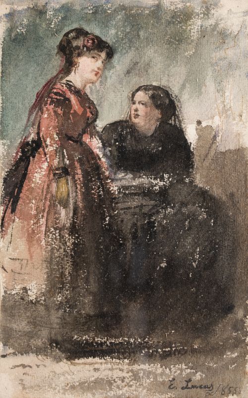 EUGENIO LUCAS VELÁZQUEZ, "Mujeres", 1855, Acuarela sobre pa