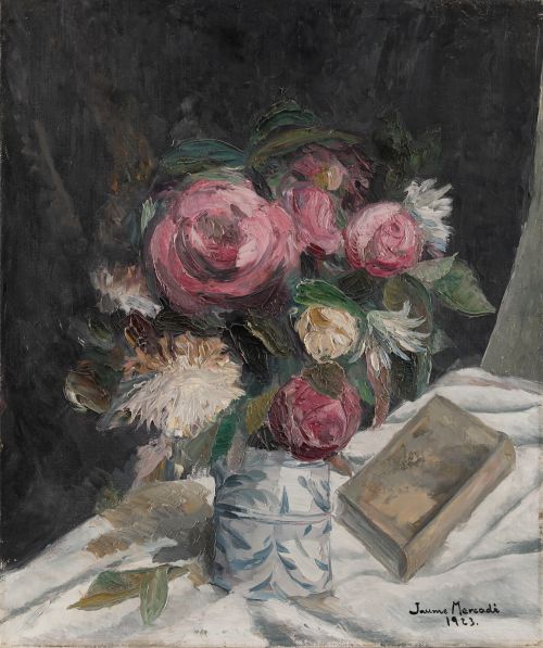 JAUME MERCADÉ QUERALT, "Bodegón con libro y rosas", 1923 OJ