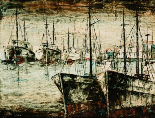 JULIO  FERNÁNDEZ ARGUELLES, "Barcos de pesca en el puerto",