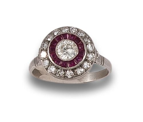 HALO RING WITH DIAMONDS AND RUBIES, IN PLATINUM