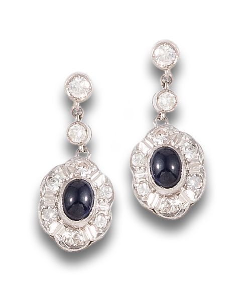 ANTIQUE STYLE DIAMOND AND SAPPHIRE DANGLE EARRINGS IN PLATI