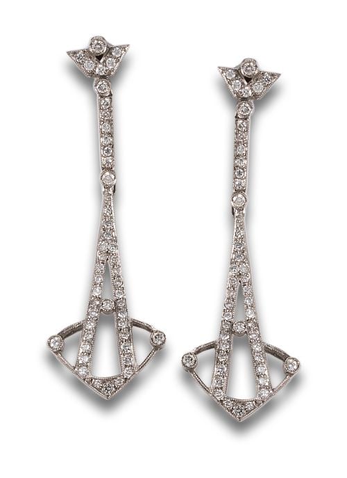 LONG ART NOUVEAU STYLE DIAMONDS AND PLATINUM EARRINGS