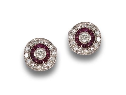 HALO EARRINGS WITH DIAMOND AND RUBIES, IN PLATINUM