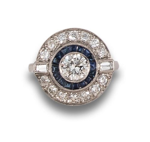 HALO RING WITH DIAMONDS AND SAPPHIRES, IN PLATINUM