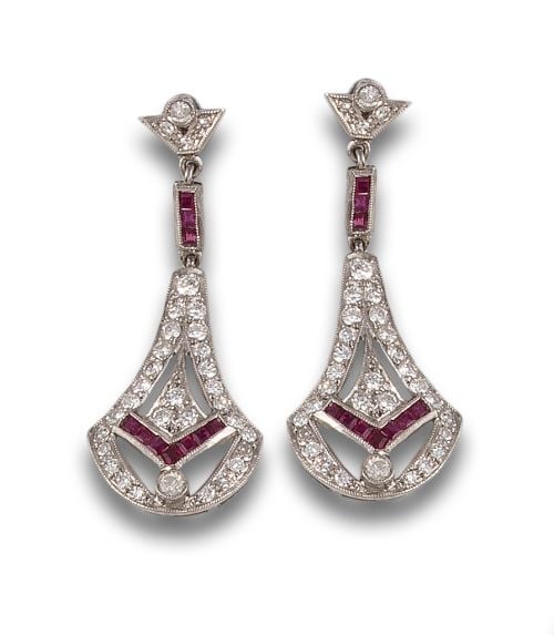 LONG ART DECO STYLE EARRINGS WITH DIAMONDS AND RUBIES