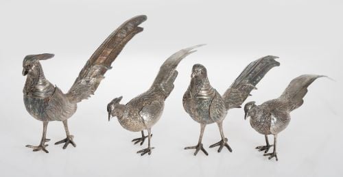 Four pheasants in 925 Sterling silver, Peru, 20th century