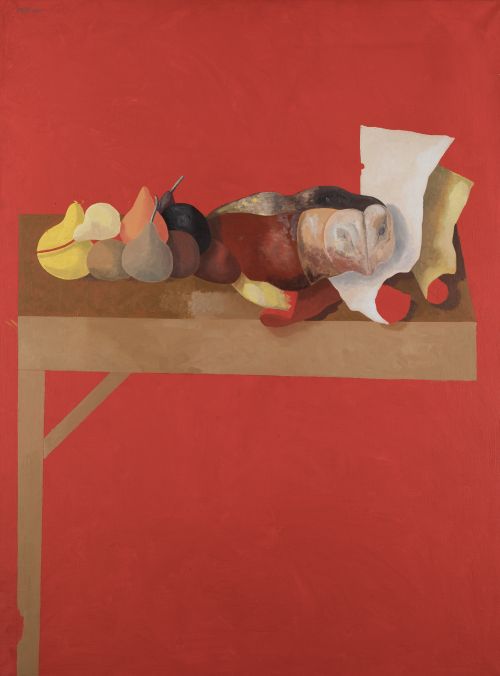 JORGE CASTILLO, "Bodegón en rojo con búho", 1993, Óleo sobr