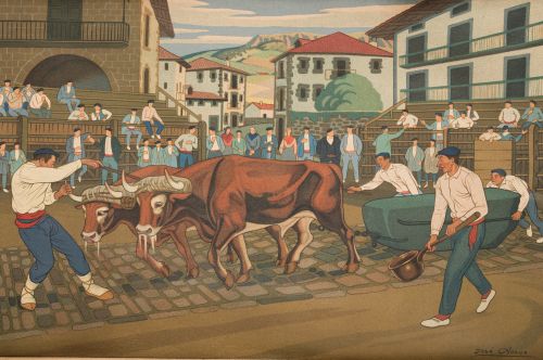 JOSE ARRUE Y VALLE, "Nº7. Carro de bueyes", c.1931, Litogra