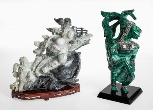 "Oriental Figures", carved jade sculpture, China, 20th cent