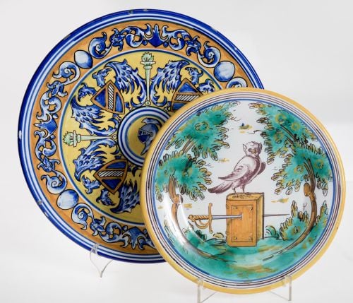 Two enamelled earthenware plates, Spain, 20th century