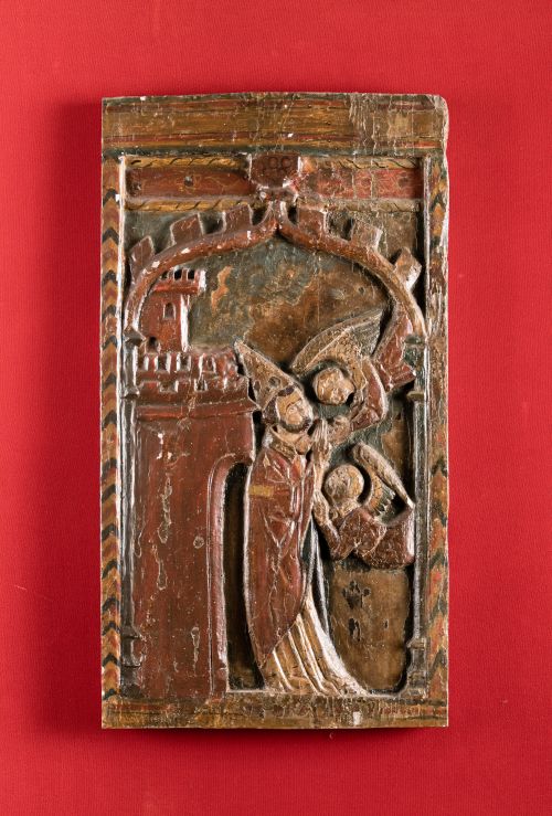 Carved and polychrome wooden bas-relief, following Gothic m