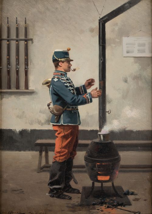 JULES MONGE, "Soldado entrando en calor", 1904, Óleo sobre