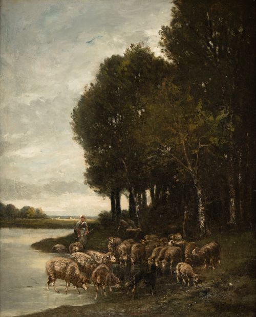 CHARLES EMILE JACQUES, "Pastora con ovejas en paisaje", Óle