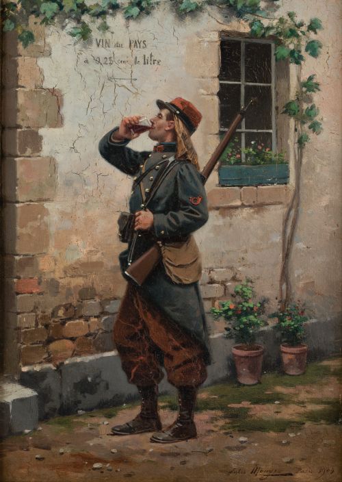 JULES MONGE, "Soldado bebiendo vino", 1904, Óleo sobre tabl