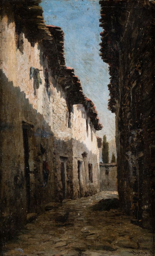 MODESTO URGELL E INGLADA, "Callejón", Óleo sobre lienzo peg