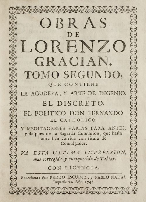 "LORENZO" BALTASAR GRACIÁN, "Obras de Lorenzo Gracian" Tomo