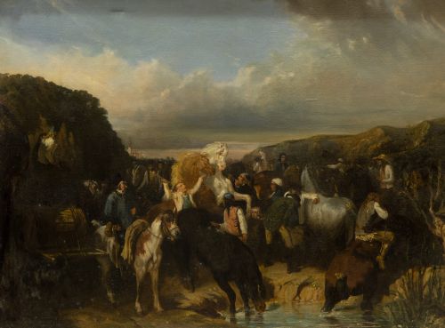 JEAN-ANTOINE DUCLAUX, "Jinetes y caballos", Óleo sobre lien