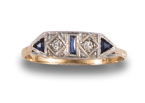 ART DECO STYLE RING WITH DIAMONDS, SAPPHIRES, YELLOW GOLD A