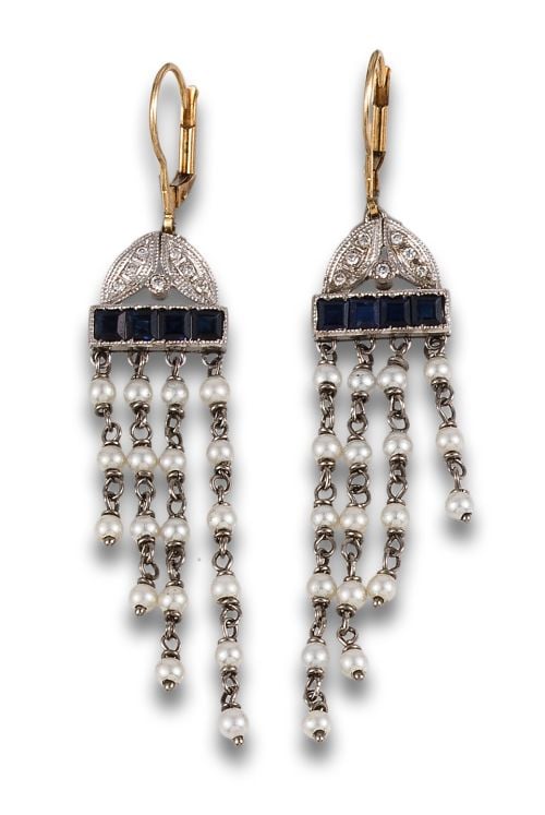 ART DECO STYLE EARRINGS, WITH DIAMONDS, SYNTHETIC SAPPHIRES