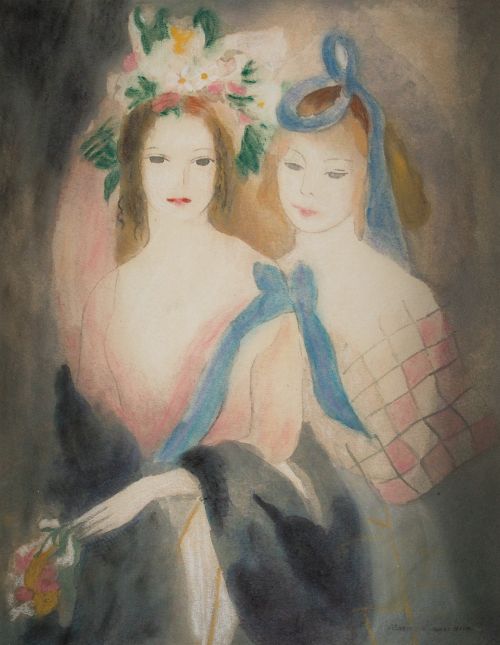 MARIE  LAURENCIN, "Dos jóvenes", Técnica mixta sobre papel