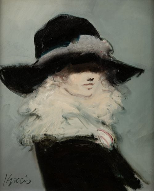 JUAN GARCÉS, "Dama con sombrero", Óleo sobre lienzo