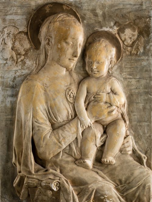 "Virgin and Child", painted plaster relief, 20th century