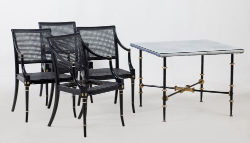 Game table and four chairs, 20th century