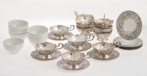 Set of 12 cups and saucers made of 800 sterling silver, pos