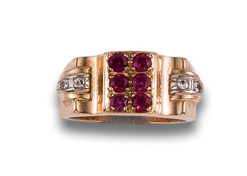 CHEVALIER RING, 1940s, WITH SYNTHETIC DIAMONDS AND RUBIES,