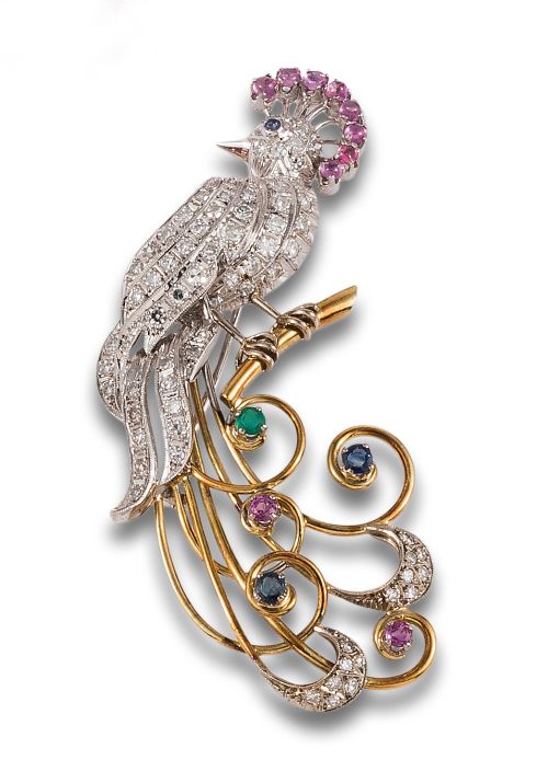 PEACOCK BROOCH WITH DIAMONDS, RUBIES, SAPPHIRES AND EMERALD