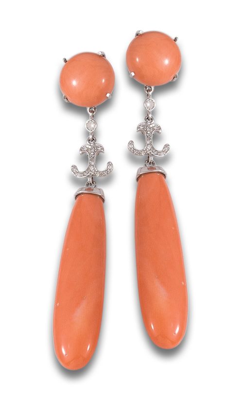 LONG DIAMOND AND CORAL EARRINGS, IN WHITE GOLD