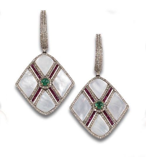 LONG EARRINGS WITH DIAMONDS, EMERALDS, MOTHER-OF-PEARL AND