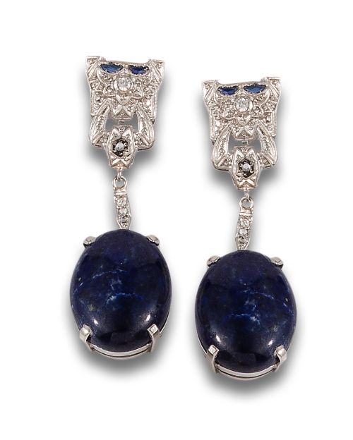 LONG, ANTIQUE STYLE DIAMONDS AND LAPIS LAZULI EARRINGS IN P