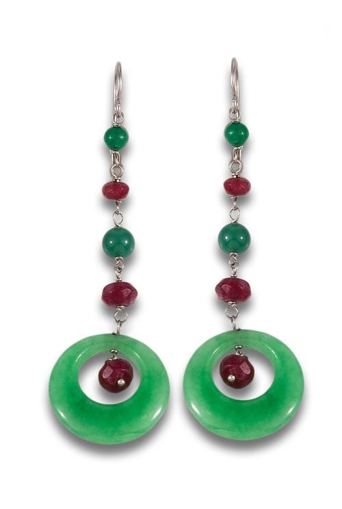 LONG EARRINGS IN JADE, CHRYSOPRASE, RUBIES, IN PLATINUM