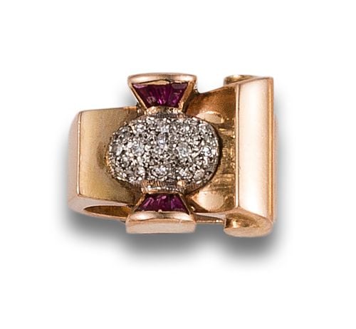 CHEVALIER RING, 1940s, WITH SYNTHETIC DIAMONDS AND RUBIES,