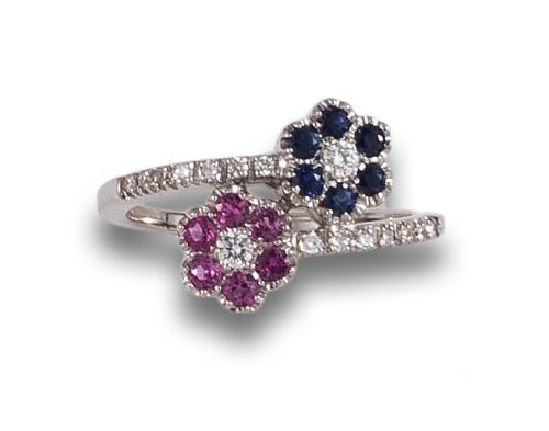 BYPASS YANES RING WITH RUBIE AND SAPPHIRE FLOWERS AND DIAMO