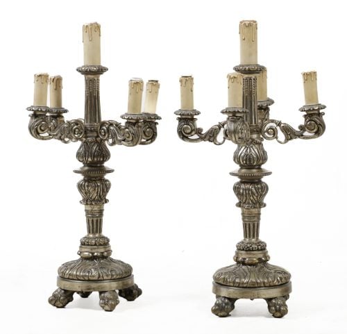 Pair of table lamps in the form of five-light candelabras,