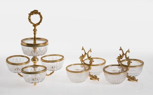 Three carved crystal and gilded brass centrepieces, 20th ce