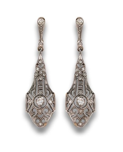 LONG, ANTIQUE STYLE, DIAMOND EARRINGS, IN GOLD AND PLATINUM