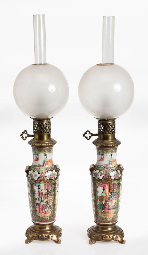 Pair of oil lamps based on Canton vases, China, 19th centur