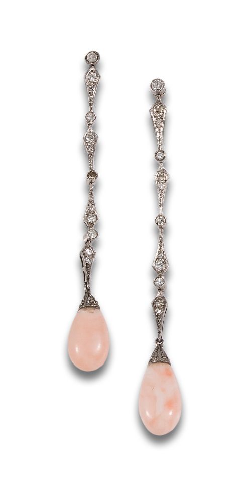 LONG ANTIQUE STYLE DIAMONDS AND ANGEL SKIN CORAL EARRINGS I