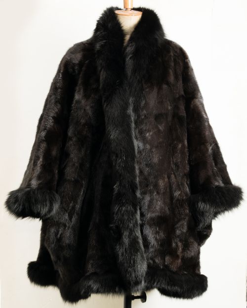 Brown mink fur cape with fox fur collar and cuffs