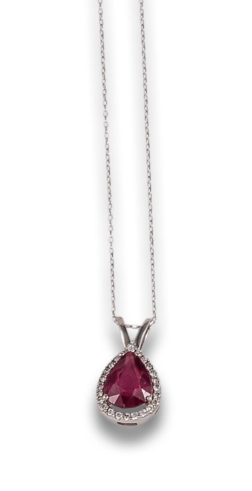 RUBY AND DIAMOND PENDANT, IN WHITE GOLD WITH CHAIN