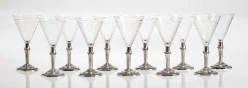 Eleven crystal goblets with silver stems, 20th century